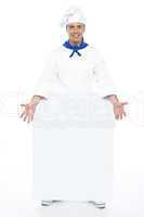 Chef holding blank billboard. Full length shot