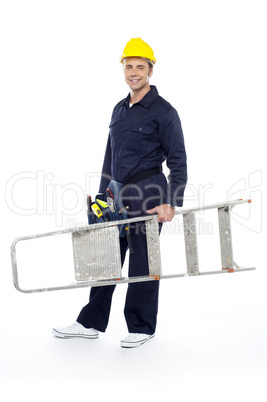 Repairman holding stepladder, ready to go to work