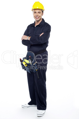 Repairman with tools pouch around his waist