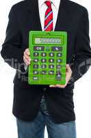 Cropped image of business guy holding calculator