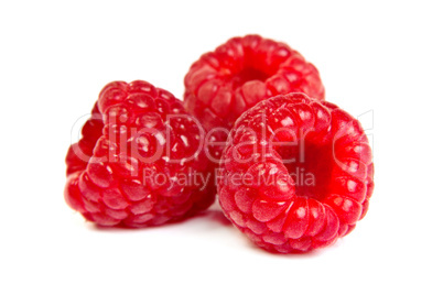 Three fresh raspberry on a white background. Close up macro shot