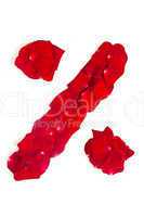 Percent symbol, made from red petals rose isolated on a white ba