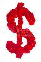 Symbol dollar made from red petals rose.