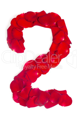 number 2 made from red petals rose on white