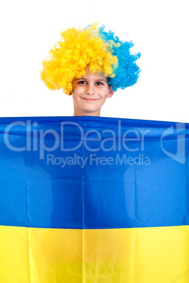 Football fan with  ukrainian flag on a white background