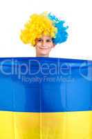 Football fan with  ukrainian flag on a white background