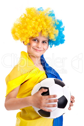 Football fan with  ukrainian flag and a ball on a white backgrou