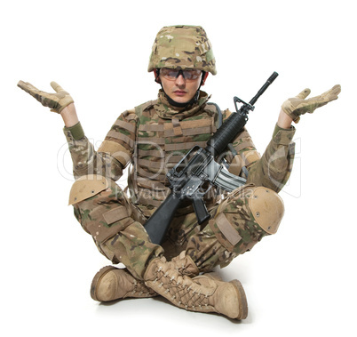 Modern soldier meditating