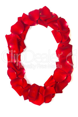 Letter O made from red petals rose on white