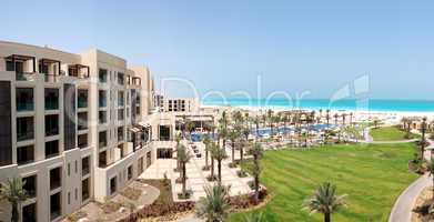 Panorama of swimming pools and beach at the luxury hotel, Saadiy