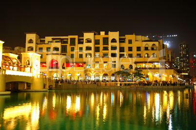 Buildings in Dubai Downtown and man-made lake in night illuminat