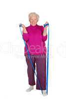 Pensioner exercising with strap