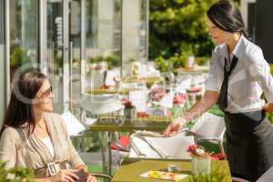 Waitress give back change bill restaurant terrace