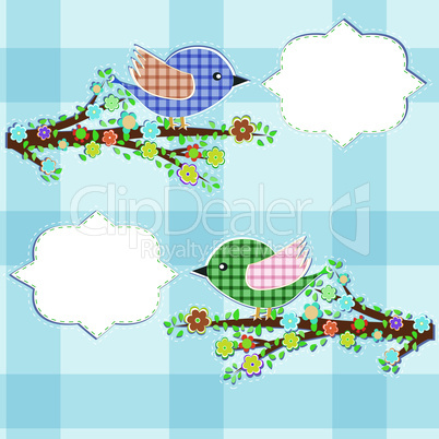 Greeting card with two birds under branch tree. vector