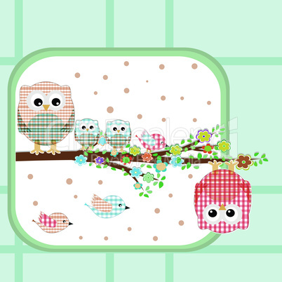 floral vector Background with couple of owls and birds sitting on branch tree