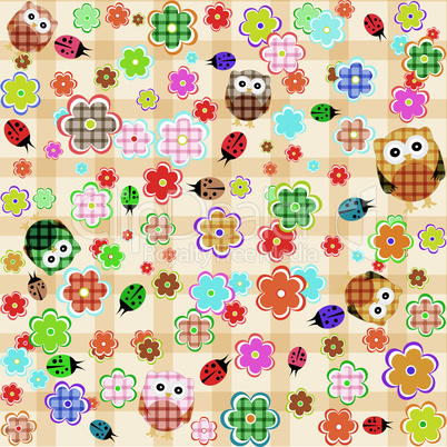 Cute seamless flower owl background pattern. vector