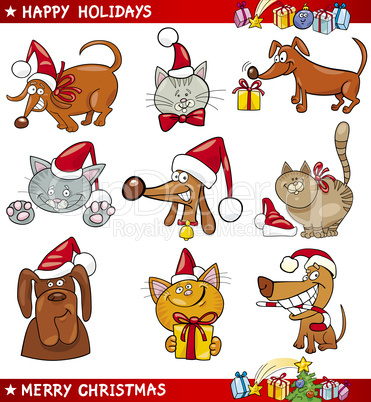 Cartoon Set of Christmas Cats and Dogs