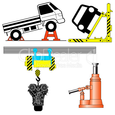 Set device for lifting a car repair. Vector illustration.
