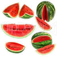 Set fresh watermelon and slices isolated on a white background