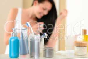 Bathroom shelf with beauty and hygiene products