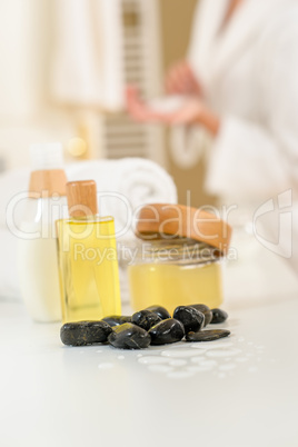 Bathroom body care products and towels close-up