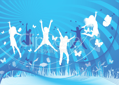 kids jumping on blue background