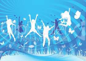 kids jumping on blue background