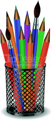 Colorful pencils and Brushes in the holder.