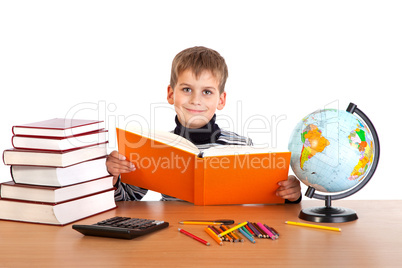 Cute schoolboy is reading a book