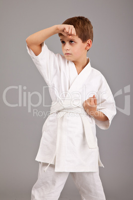 Karate boy in white kimono fighting