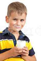 Ñute boy is drinking milk on  white