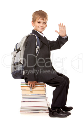 Schoolboy sitting on books. Back to school Schoolboy sitting on books. Back to school