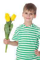Young boy holding tulips