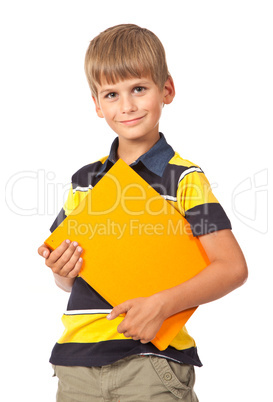 School boy is holding a book