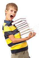 School boy is holding books