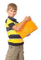 School boy is holding a book