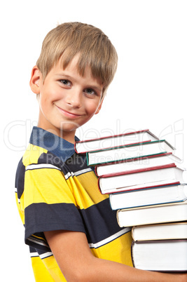 School boy is holding books