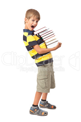 School boy is holding books. Back to school