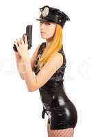 Beautiful sexy police girl with handgun and handcuffs