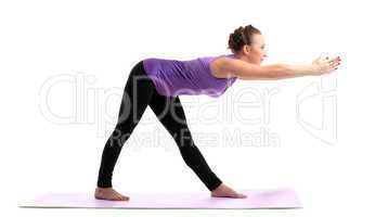 Woman show yoga asana on rubber mat