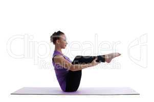 woman sit in yoga asana on rubber mat isolated
