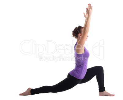 young woman instructor posing in split isolated
