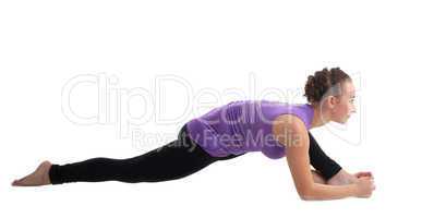 young woman instructor posing in split isolated
