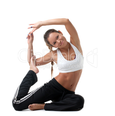 perfect woman sit in fitness costume on white