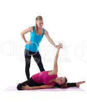 two woman gymnast trainer help doing stretch