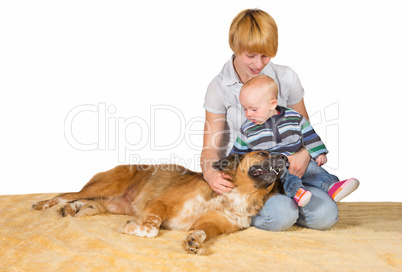 Devoted Mum, baby and family dog