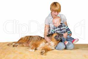 Devoted Mum, baby and family dog