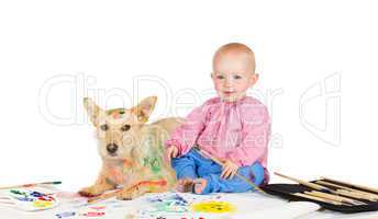Baby and dog painting