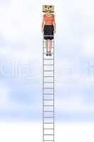 Woman with cardboard on the head is on the ladder