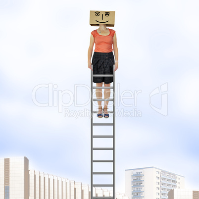 Woman with cardboard on the head is on the ladder